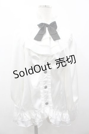 画像: 未知星辰的来信 / リボンタイサテン立ち襟長袖ブラウス  白Ｘ黒 I-26-03-12-004-LO-BL-SA-ZI