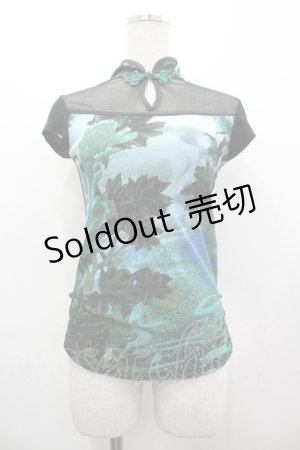 画像: Ozz On / 風景pt&チュール切替チャイナトップス  ブラック×グリーン I-26-03-12-034-OO-TO-SA-ZI