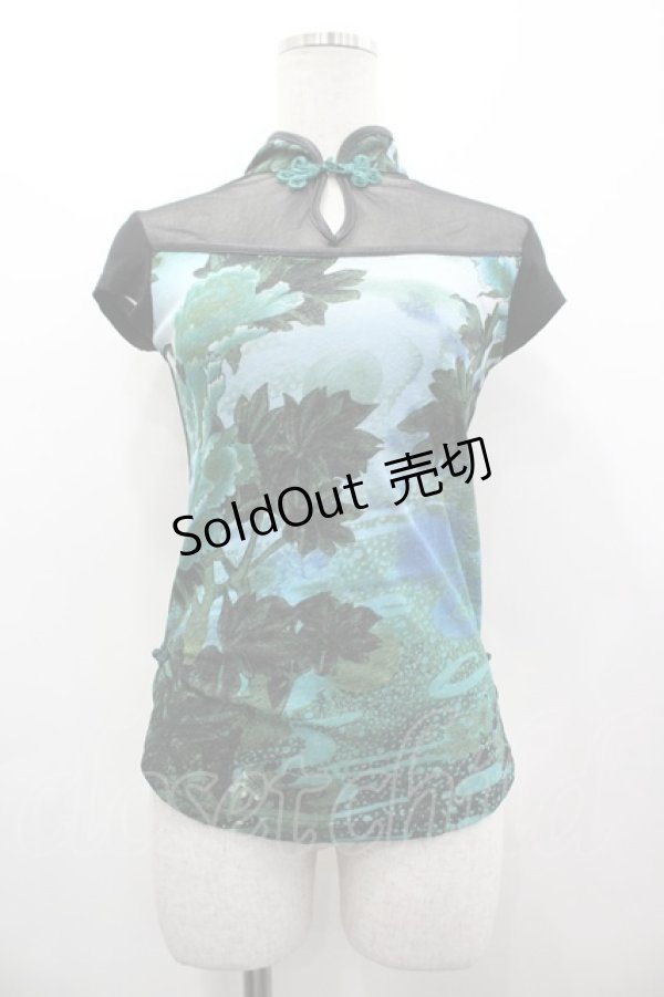 画像1: Ozz On / 風景pt&チュール切替チャイナトップス  ブラック×グリーン I-26-03-12-034-OO-TO-SA-ZI (1)