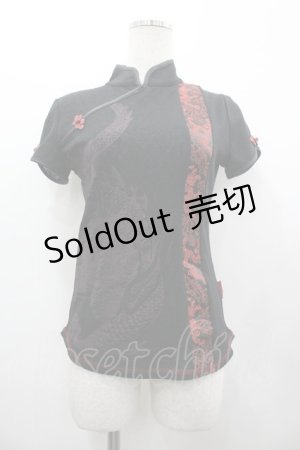 画像: Ozz On / 龍生地切替チャイナトップス  ブラック×レッド I-26-03-12-035-OO-TO-SA-ZI