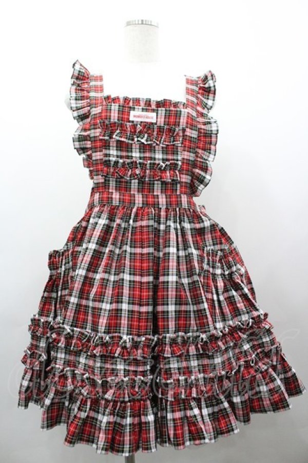 画像1: MOMOKO HOUSE / タータンチェックフリルエプロン  赤チェック I-26-03-12-046-LO-OP-SA-ZI (1)