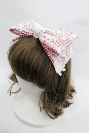 画像: MOMOKO HOUSE / ギンガムチェックレースリボンヘッドドレスクリップ  赤Ｘ白チェック I-26-03-12-099-LO-AC-SA-ZI