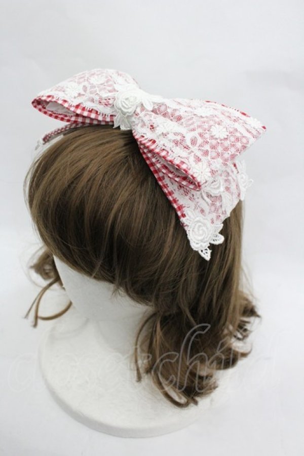 画像1: MOMOKO HOUSE / ギンガムチェックレースリボンヘッドドレスクリップ  赤Ｘ白チェック I-26-03-12-099-LO-AC-SA-ZI (1)