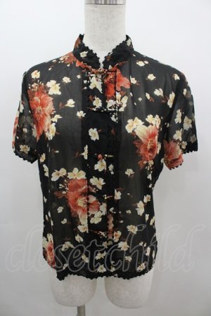 画像: INGEBORG / チャイナボタンフラワーシフォン半袖ブラウス S ブラック I-26-03-12-020-LO-BL-SA-ZI