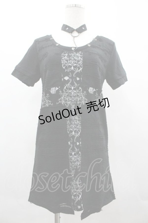 画像1: SEX POT ReVeNGe / クラッシュ&クロス半袖カットソー  黒Ｘ白 I-26-03-14-048-SP-TO-SA-ZI (1)