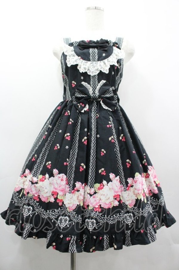 画像1: BABY,THE STARS SHINE BRIGHT / チェリーローズ柄ジャンパースカート  黒 I-26-03-14-065-BA-OP-TE-ZI (1)