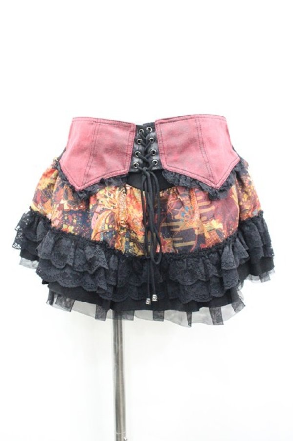 画像1: Qutie Frash / 和柄フリルスカート  黒×赤 I-26-03-14-086-QU-SK-TE-ZI (1)