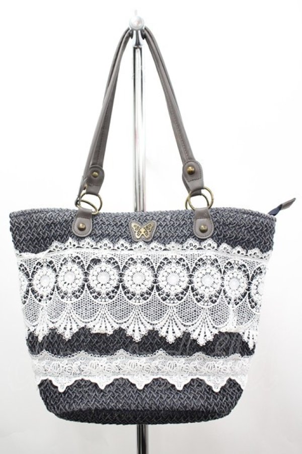 画像1: axes femme / 雑材×レーストートバッグ  紺 I-26-03-14-104-AX-BG-HR-ZI (1)