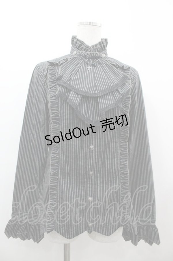 画像1: ALGONQUINS / ジャボ付きスタンドカラーストライプブラウス 1 黒×白 I-26-03-14-020-AL-BL-TE-ZI (1)