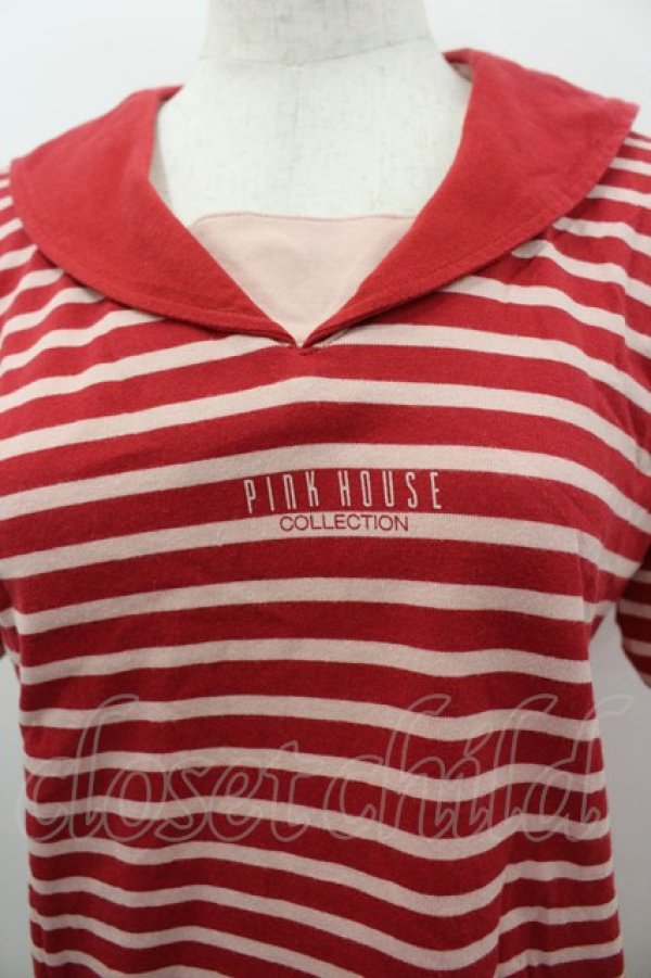 画像2: PINK HOUSE / セーラー襟ボーダー半袖カットソー  赤 I-26-03-16-054-LO-TO-SA-ZI (2)