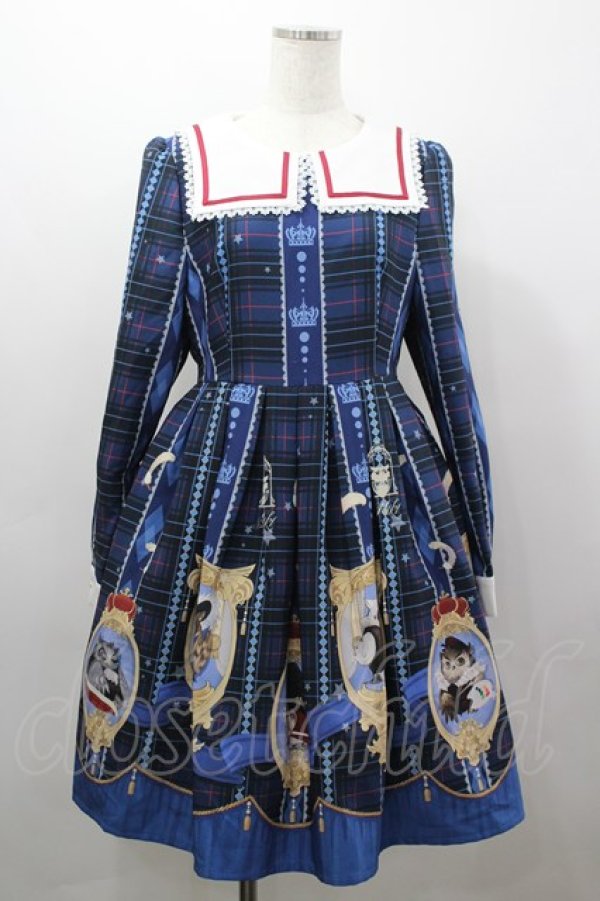 画像1: MiKi（海外ロリータブランド） / フクロウ額縁チェックセーラー襟ワンピース  青Ｘチェック I-26-03-16-065-LO-OP-SA-ZI (1)