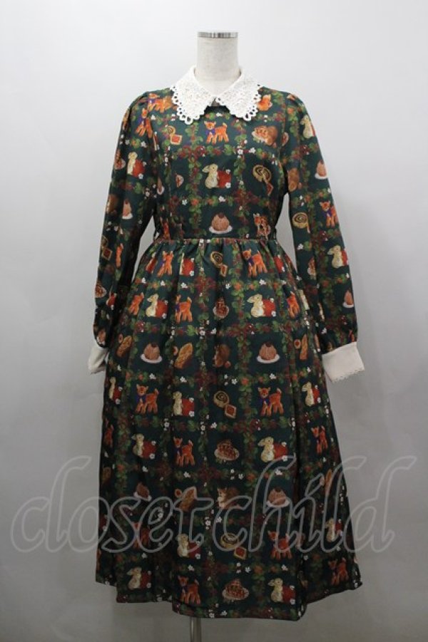 画像1: axes femme kawaii / 森のケーキ屋さん柄ワンピース M グリーン I-26-03-16-072-AX-OP-SA-ZI (1)