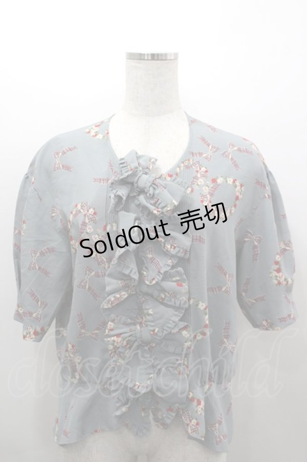 画像1: PINK HOUSE / チェックリボン&フラワーリース柄半袖ブラウス  ブルー I-26-03-16-009-LO-BL-SA-ZI (1)