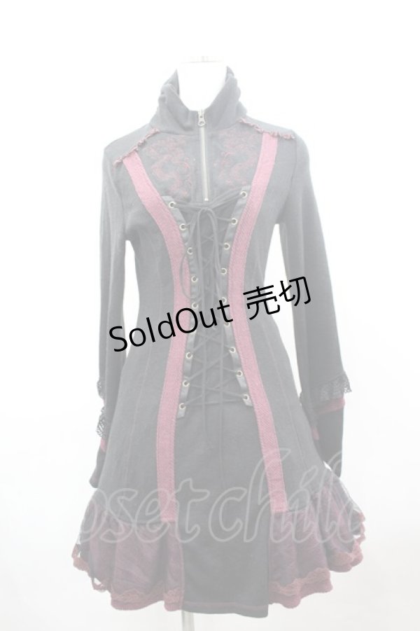 画像1: Ozz Croce / フロント編み上げハイネック長袖ワンピース  黒Ｘボルドー I-26-03-16-087-OO-OP-SA-ZI (1)