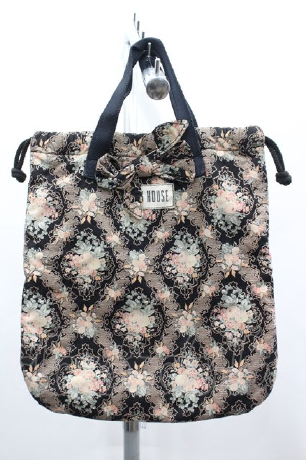 画像1: PINK HOUSE / ローズブーケプリント巾着バッグ  黒Ｘピンク I-26-03-16-110-LO-BG-SA-ZI (1)