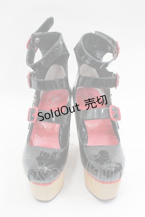 画像1: YOSUKE / ３連ベルトチェーン付木底シューズ 22.5 黒×赤 I-26-03-16-124-PU-SH-TE-ZI (1)
