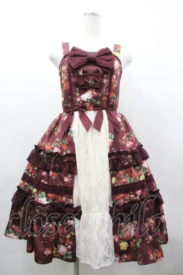 画像1: axes femme kawaii / アンティークローズ柄ジャンパースカート M ボルドー I-26-03-19-078-AX-OP-SA-ZI (1)