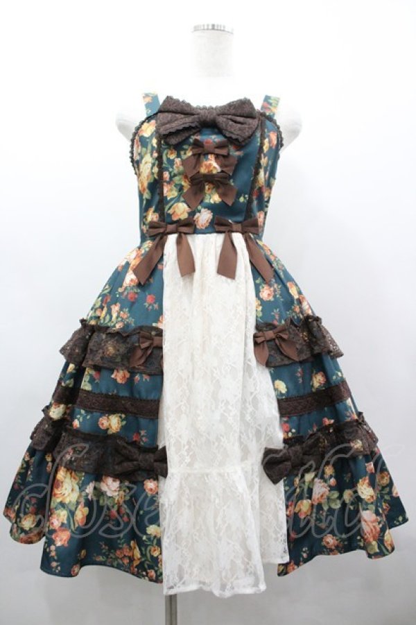 画像1: axes femme kawaii / アンティークローズ柄ジャンパースカート  グリーン I-26-03-19-079-AX-OP-SA-ZI (1)