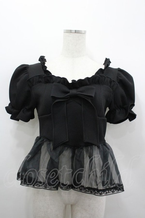 画像1: lilLilly / ワッフルリボンオーガンジーフリルトップス F 黒 I-26-03-19-016-LO-BL-TE-ZI (1)