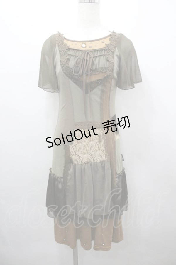 画像1: OZZ ANGELO / チュール袖重ねワンピース  カーキｘブラウン I-26-03-23-060-OO-OP-SA-ZI (1)