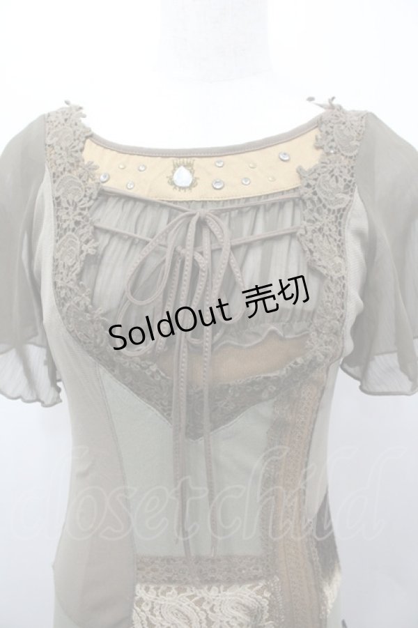 画像2: OZZ ANGELO / チュール袖重ねワンピース  カーキｘブラウン I-26-03-23-060-OO-OP-SA-ZI (2)