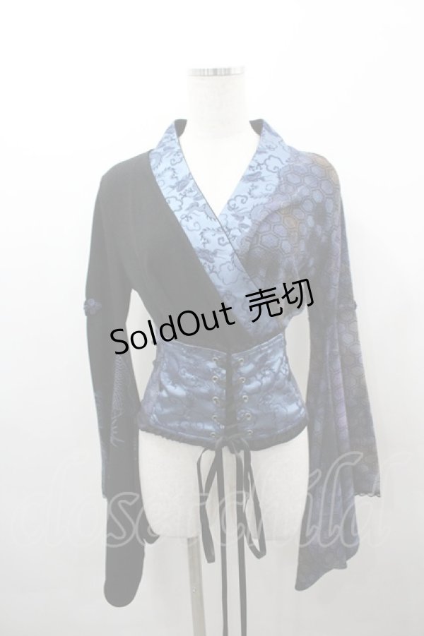 画像1: Qutie Frash / ドラゴン着物袖ちりめんトップス  黒×ブルー I-26-03-23-028-QU-TO-TE-ZI (1)