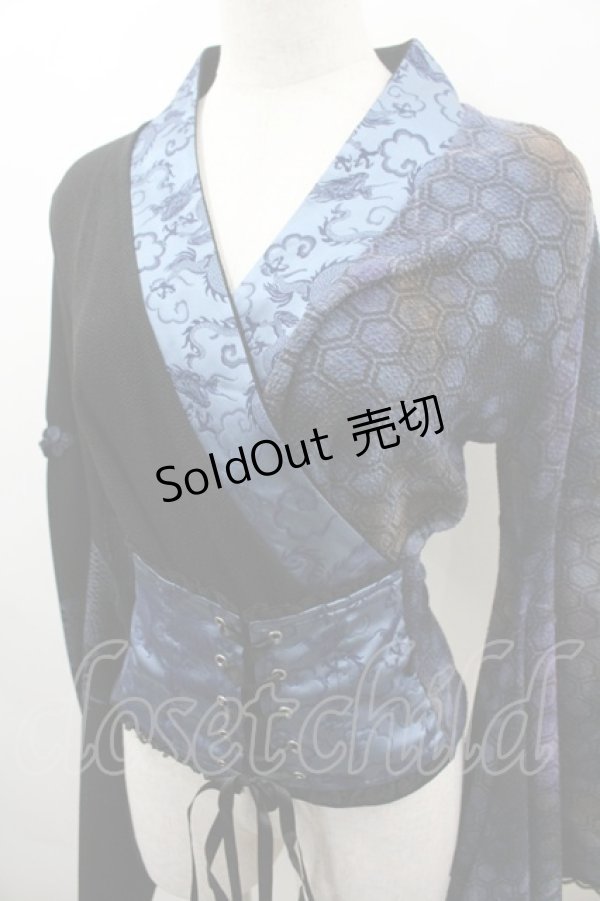 画像2: Qutie Frash / ドラゴン着物袖ちりめんトップス  黒×ブルー I-26-03-23-028-QU-TO-TE-ZI (2)