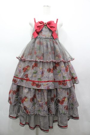 画像: 薄暑之毎 / チェリー総柄段フリルジャンパースカート S グレーＸ赤 I-26-03-25-043-LO-OP-SA-ZI