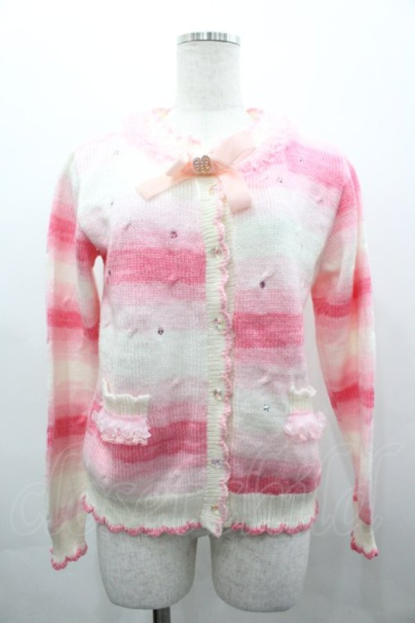 画像1: Nile Perch / ボーダーラインストーンニットカーディガン  ピンクＸ白 I-26-03-25-006-LO-TO-SA-ZI (1)