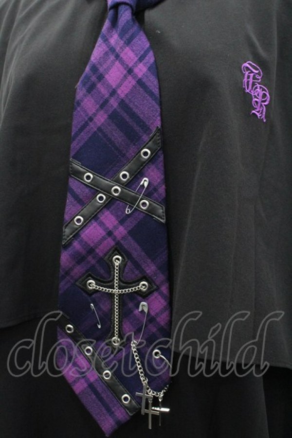 画像3: TRAVAS TOKYO / チェックネクタイ長袖シャツ  黒Ｘパープルチェック I-26-03-25-012-PU-BL-SA-ZI (3)
