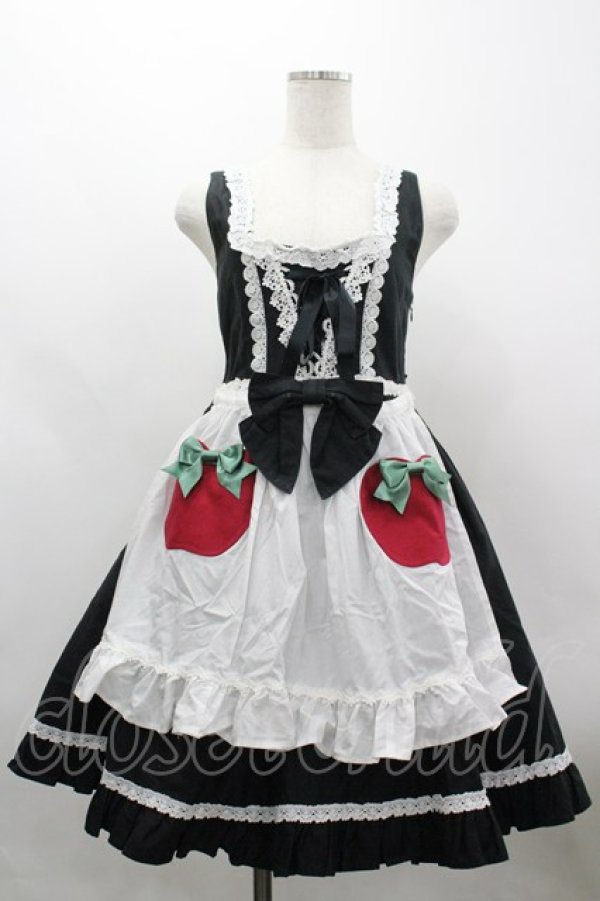 画像1: BABY,THE STARS SHINE BRIGHT / Snow White りんごのエプロンジャンパースカート  黒×白 I-26-03-30-030-BA-OP-TE-ZI (1)