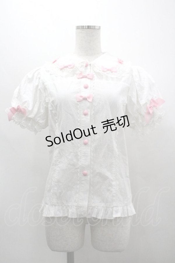 画像1: Antique Cat / はしごレースリボン半袖ブラウス  白Ｘピンク I-26-03-30-014-LO-BL-SA-ZI (1)