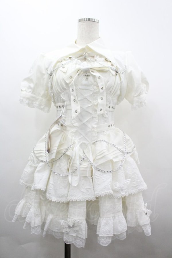 画像1: 豹了介猫 / クロスモチーフ半袖ボレロ&ジャンパースカートセット S 白 I-26-04-01-061-LO-OP-SA-ZI (1)