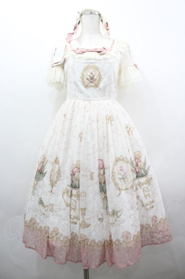 画像1: 仲夏物語 / チューリッププリント半袖ワンピースセット  アイボリーＸピンク I-26-04-01-062-EL-OP-SA-ZI (1)