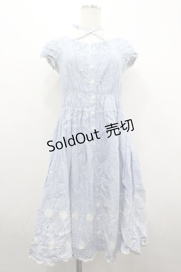 画像1: Emily Temple cute / マーガレット刺繍ボーダー半袖ワンピース  青Ｘ白 I-26-04-01-079-ET-OP-SA-ZI (1)