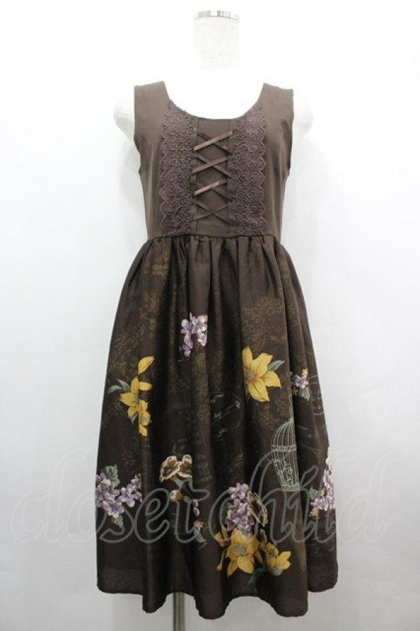 画像1: axes femme / 楽譜×鳥かご柄ワンピース  ブラウン I-26-04-01-094-AX-OP-SA-ZI (1)