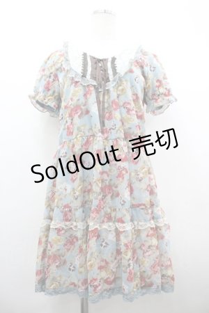 画像: axes femme / 水彩画薔薇ブーケ半袖ワンピース  サックス I-26-04-01-095-AX-OP-SA-ZI