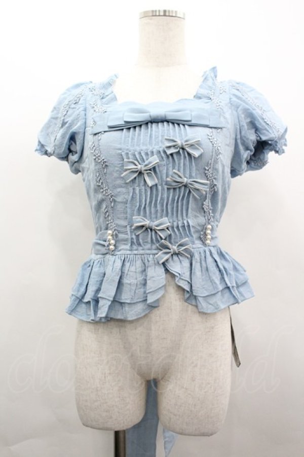 画像1: ZJ STORY / リボンピンタック半袖トップス  サックス I-26-04-01-012-LO-TO-SA-ZI (1)