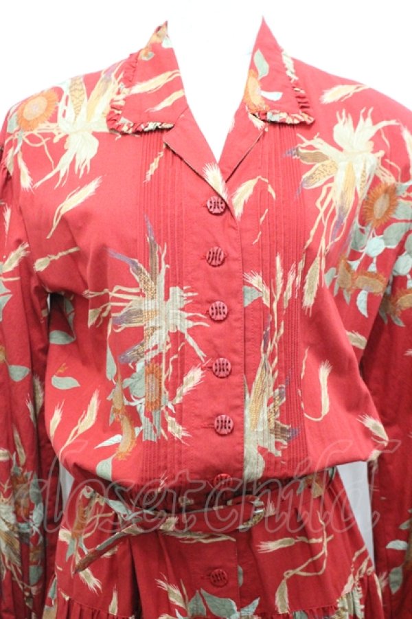 画像2: INGEBORG / ひまわり&とうもろこしプリントワンピース  赤 I-26-04-06-072-LO-OP-TE-ZI (2)