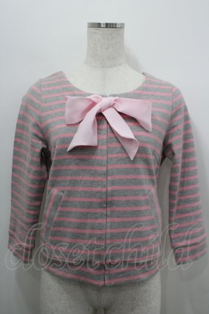 画像: MILK / ボーダーフロントZIPカーディガン  グレーＸピンク I-26-04-06-009-ML-TO-SA-ZI