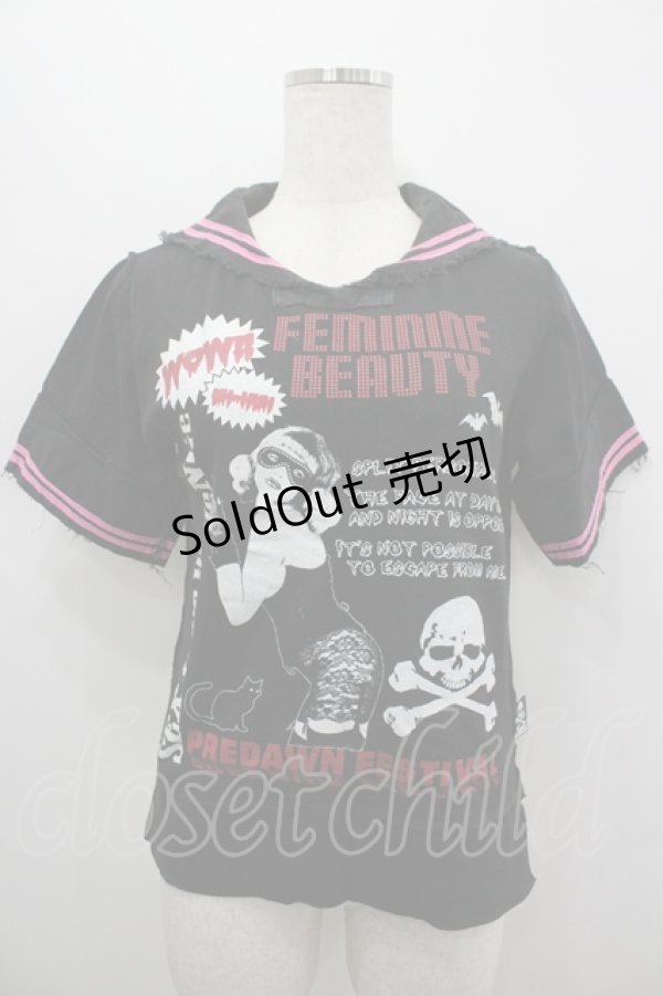 画像1: SEX POT ReVeNGe / セーラー襟Tシャツ  ブラック×ピンク I-26-04-06-019-SP-TS-SA-ZI (1)