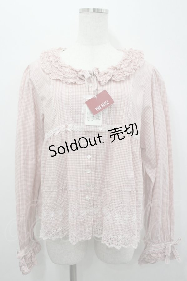 画像1: PINK HOUSE / ギンガムチェック裾刺繍ブラウス  ピンクＸ白チェック I-26-04-06-021-LO-BL-SA-ZI (1)