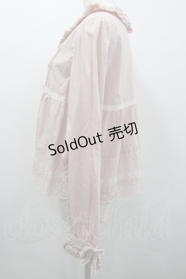 画像2: PINK HOUSE / ギンガムチェック裾刺繍ブラウス  ピンクＸ白チェック I-26-04-06-021-LO-BL-SA-ZI (2)