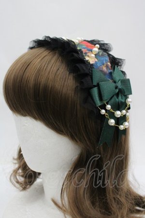 画像: LOLITAその他(お買取対象外) / フラワープリントリボンパールヘッドドレス  黒Ｘグリーン I-26-04-08-069-LO-AC-SA-ZI