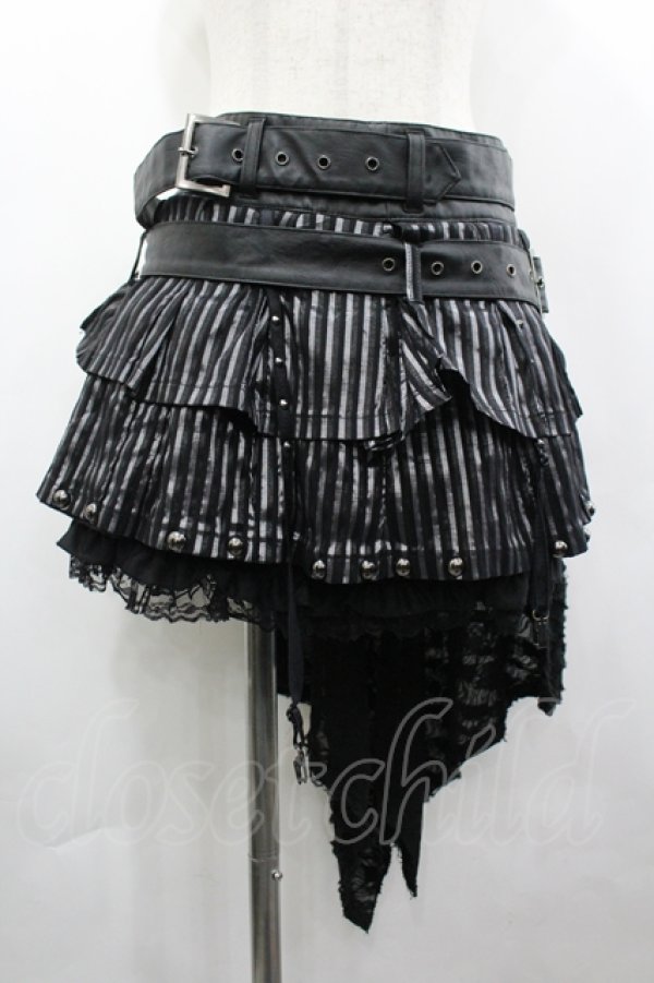 画像1: SEX POT ReVeNGe / ダメージフラップストライプフリルミニスカート  黒×シルバー I-26-04-10-075-SP-SK-TE-ZI (1)