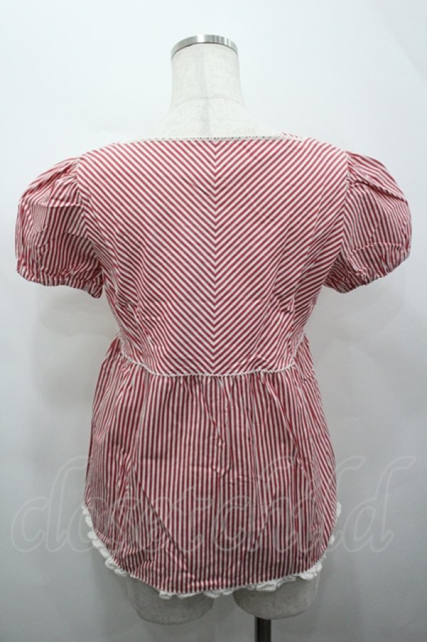 画像2: PINK HOUSE / キューピー刺繍ストライプ半袖ブラウス  赤Ｘ白 I-26-04-10-009-LO-BL-SA-ZI (2)