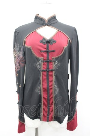 画像: Ozz oneste / 袖和柄プリントチャイナカットソー  黒×赤 I-26-04-10-019-OO-TO-TE-ZI