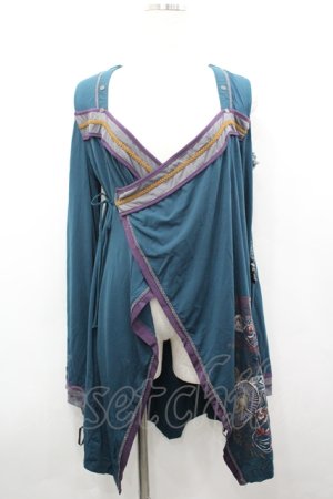 画像: Ozz oneste / 狐面プリントオフショル着物カットソー  グリーン I-26-04-10-020-OO-TO-TE-ZI