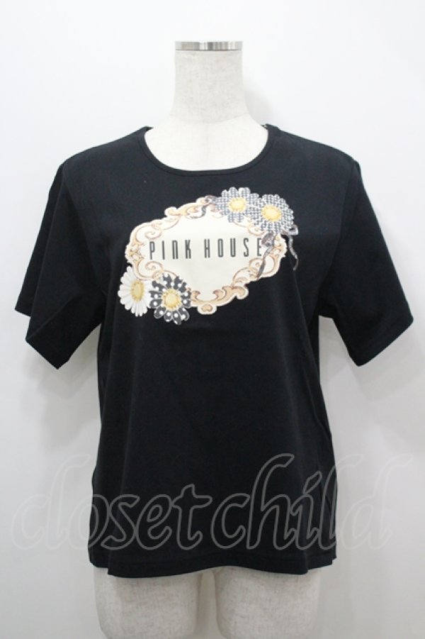 画像1: PINK HOUSE / ひな菊コサージュプリントカットソー M 黒 I-26-04-12-009-LO-TO-TE-ZI (1)