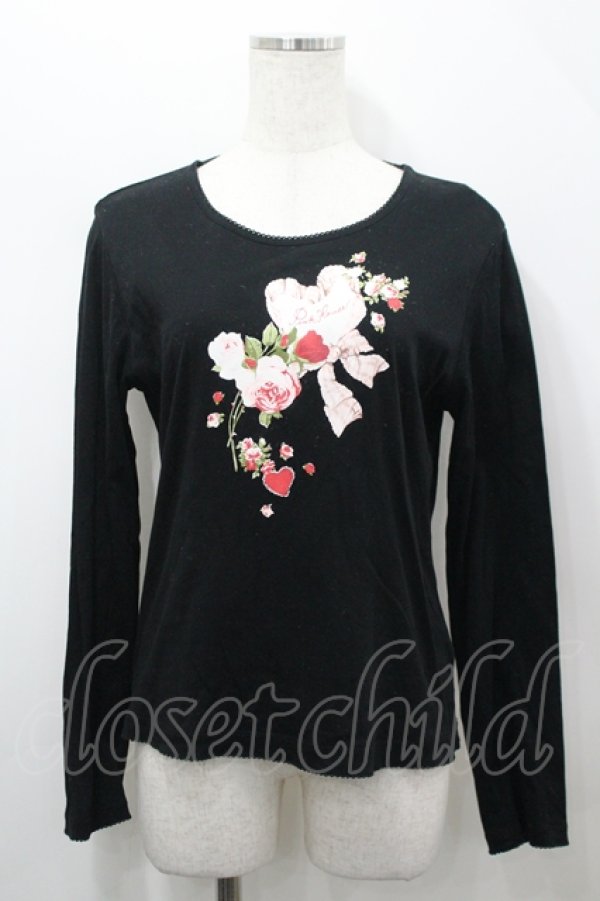 画像1: PINK HOUSE / オーナメントローズプリントカットソー M 黒 I-26-04-12-010-LO-TO-TE-ZI (1)